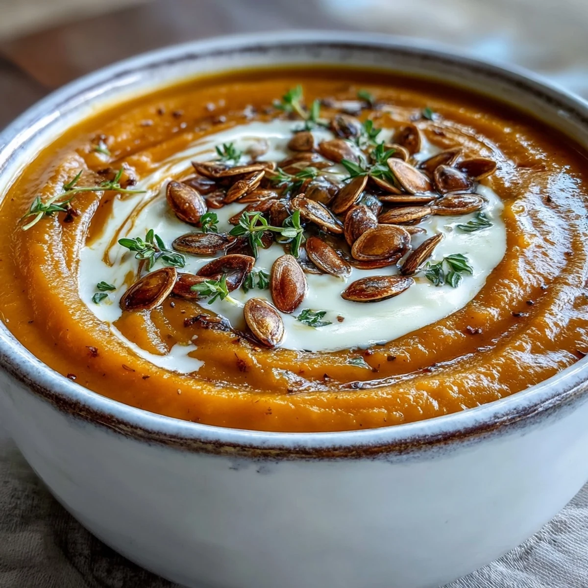 A bowl of golden Roasted Butternut Squash Soup topped with creamy swirls and toasted pumpkin seeds.