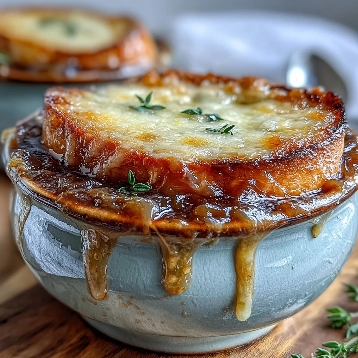 Steaming Classic French Onion Soup in a crock, topped with a thick layer of melted, golden-bubbly Gruyère cheese.