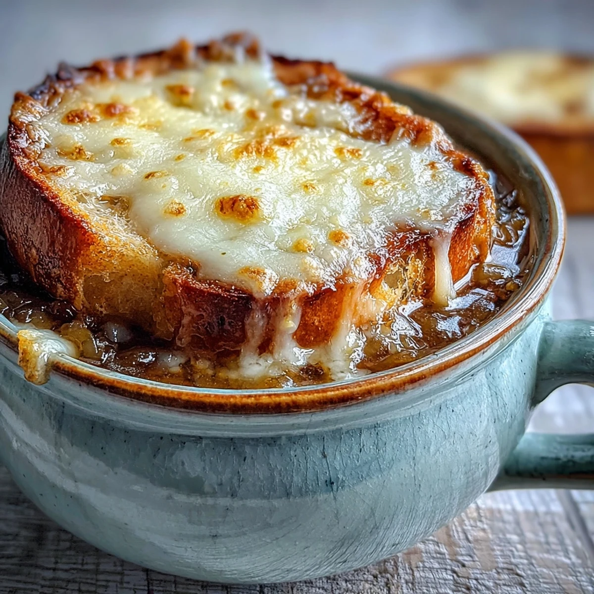 A rustic bowl of Classic French Onion Soup with a gooey, browned cheese crust and savory broth.