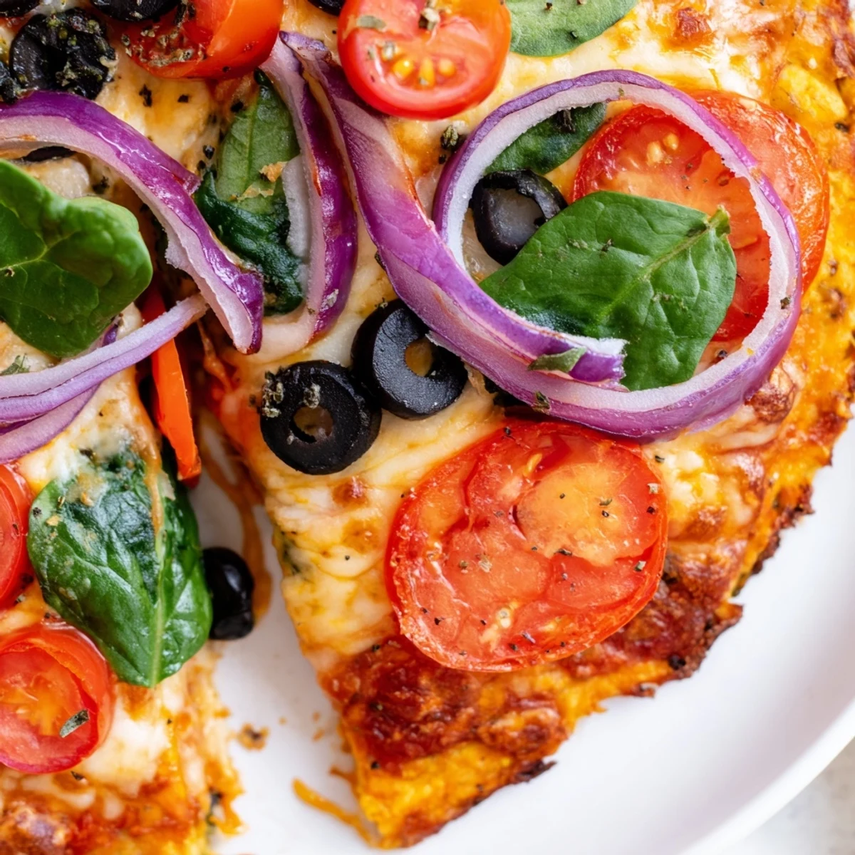 Golden-brown Broccoli Chicken Crust Pizza slices rest on a wooden cutting board, topped with vibrant red bell peppers, spinach, and melty mozzarella cheese.