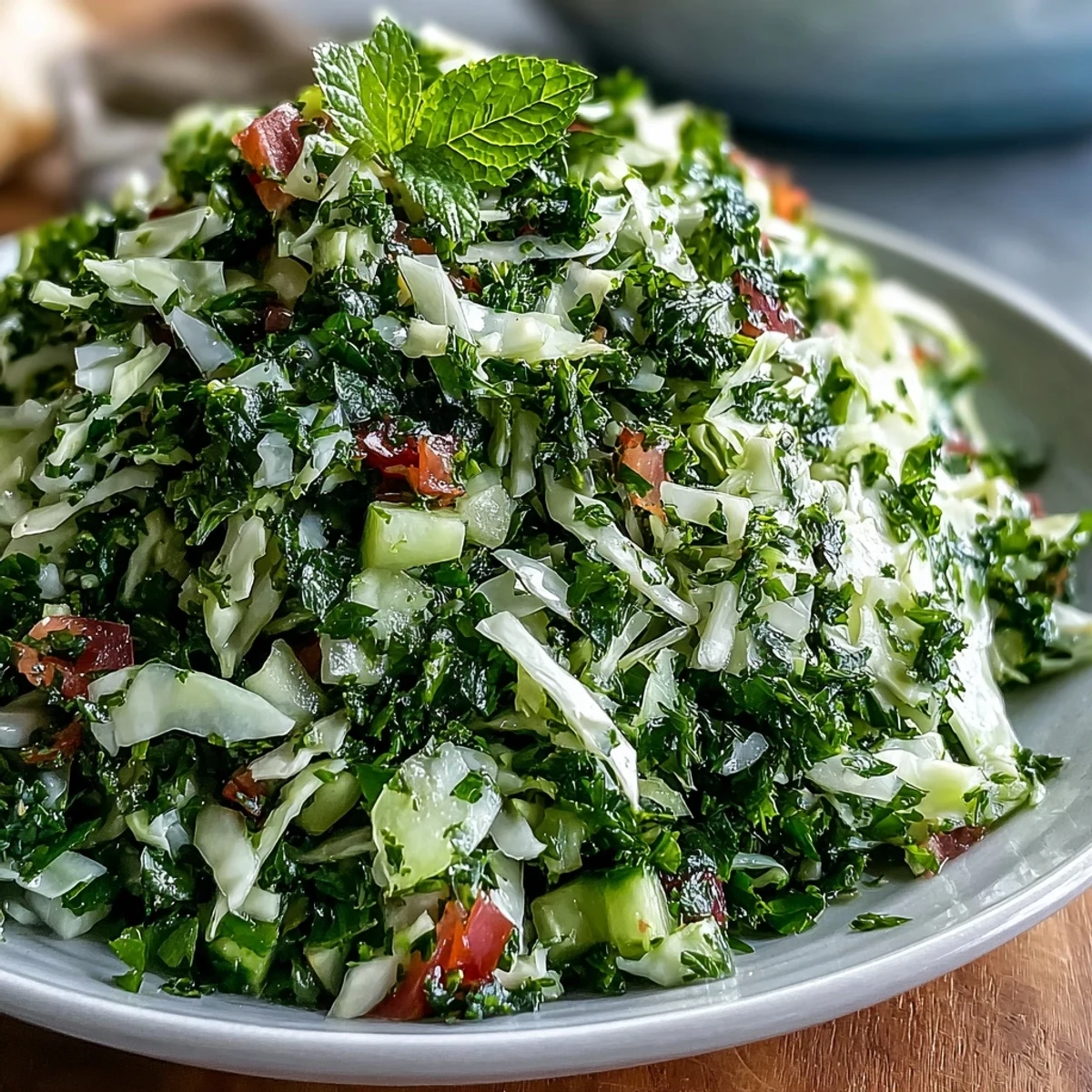 Shredded green cabbage, tomatoes, cucumber, and fresh herbs tossed in a zesty lemon dressing for this vibrant Lebanese Cabbage Salad.
