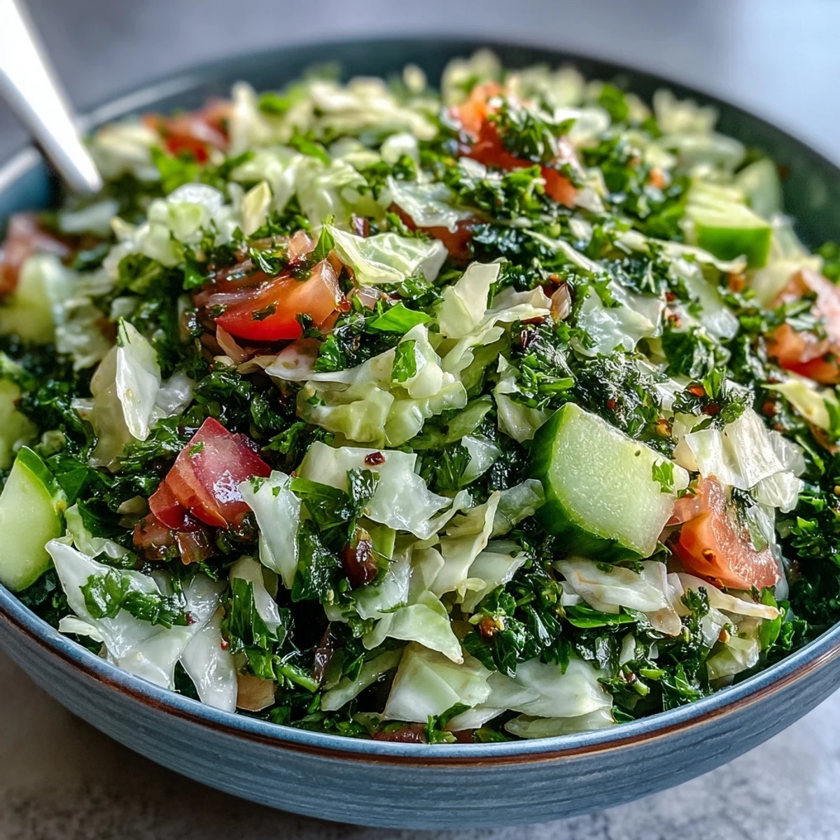 A bowl of chilled Lebanese Cabbage Salad garnished with parsley and mint, served alongside grilled chicken for a refreshing meal.