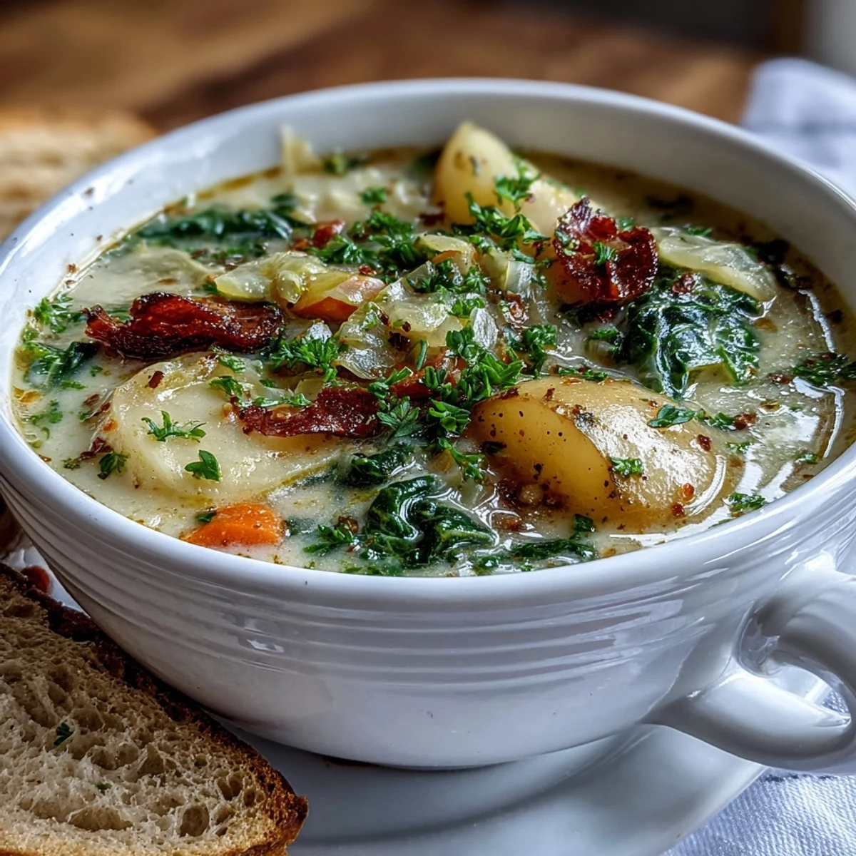 Creamy Potato Soup with Cabbage served steaming in a rustic bowl, garnished with fresh parsley and a slice of crusty bread.