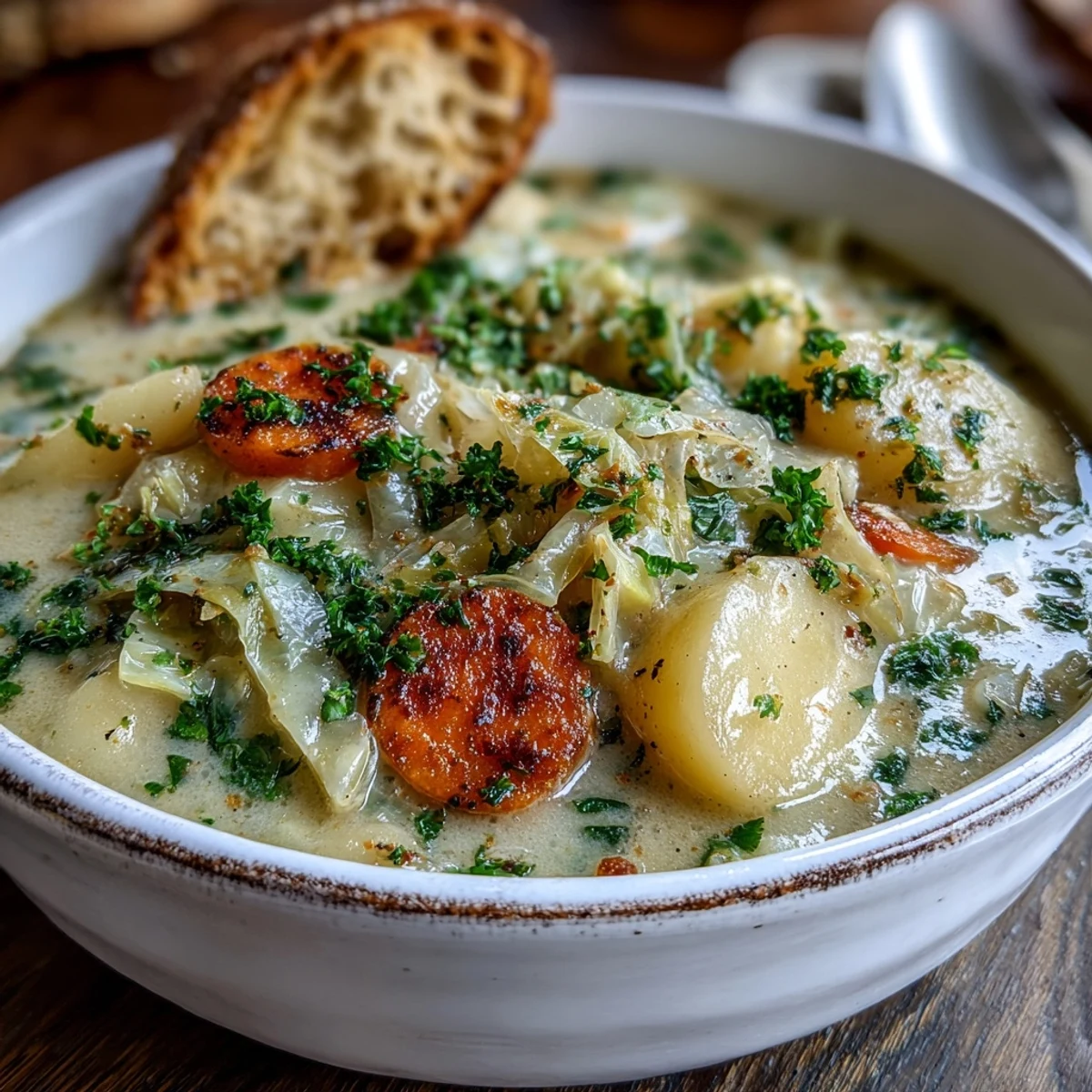 A comforting bowl of Creamy Potato Soup with Cabbage topped with fresh parsley, ready to serve with crusty bread.