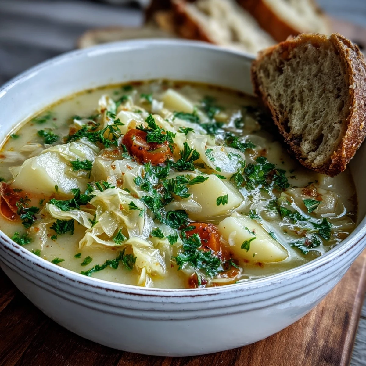 Velvety Creamy Potato Soup with Cabbage in a white bowl, garnished with fresh parsley and served alongside toasted bread.