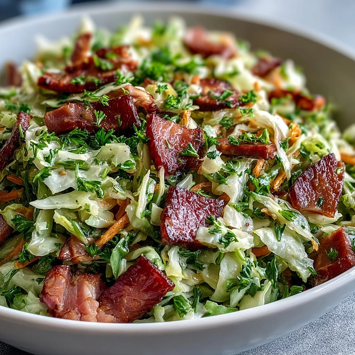 Vivid close-up of German Cabbage Coleslaw With Shredded Ham, garnished with fresh parsley and caraway seeds, ready to serve as a refreshing side dish for a hearty dinner.