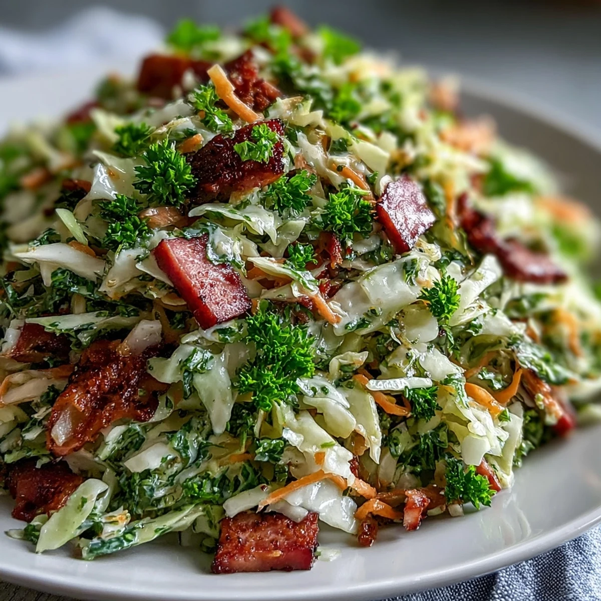 A vibrant bowl of German Cabbage Coleslaw With Shredded Ham mixed with crisp red onion, highlighting the smoky ham and glistening dressing, perfect for a gluten-free potluck or picnic.