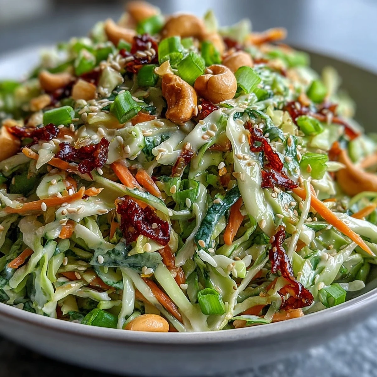 Shredded green and red cabbage, carrots, and cilantro in a white bowl, drizzled with sesame-ginger dressing for a crunchy Asian Cabbage Salad. 