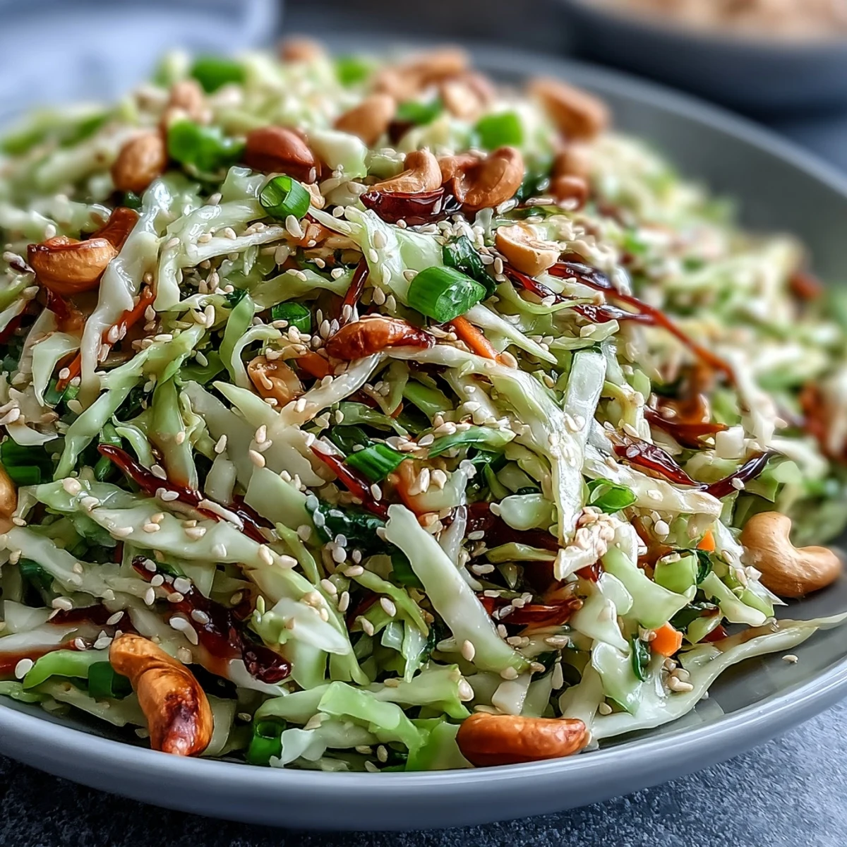 Colorful vegan Asian Cabbage Salad tossed with julienned carrots and green onions, showing a zesty sesame-lime dressing glistening on the greens.