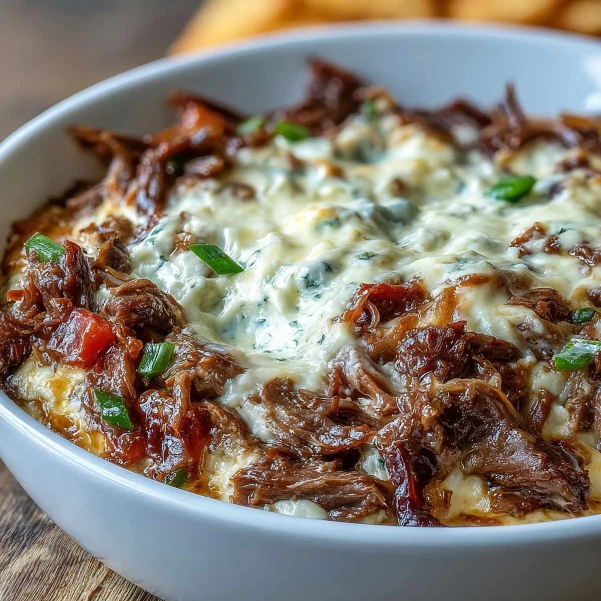 Golden, bubbly Philly Cheesesteak Dip fresh from the oven, served with toasted crostini for dipping.