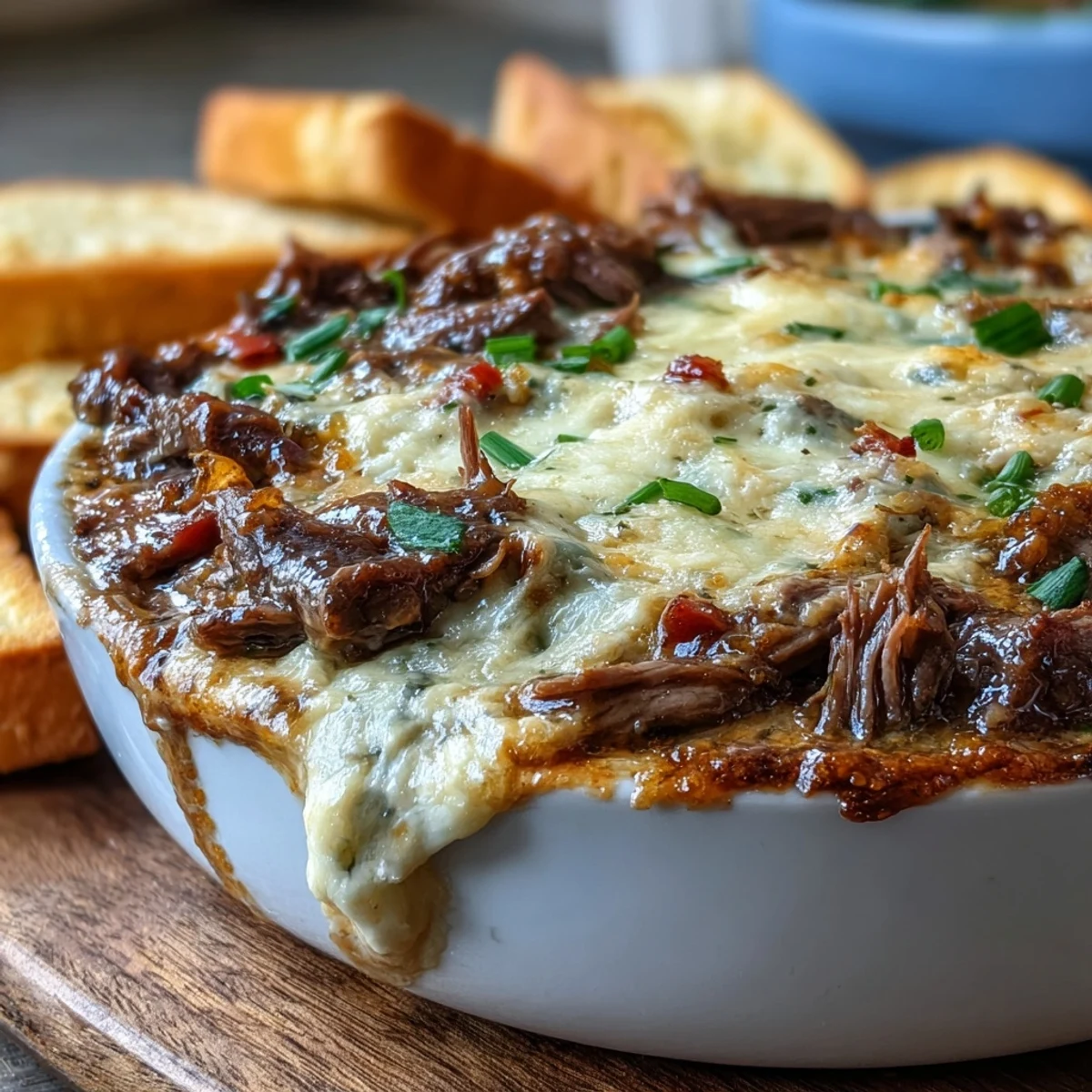 Rich Philly Cheesesteak Dip in a baking dish, paired with crunchy tortilla chips for game day.