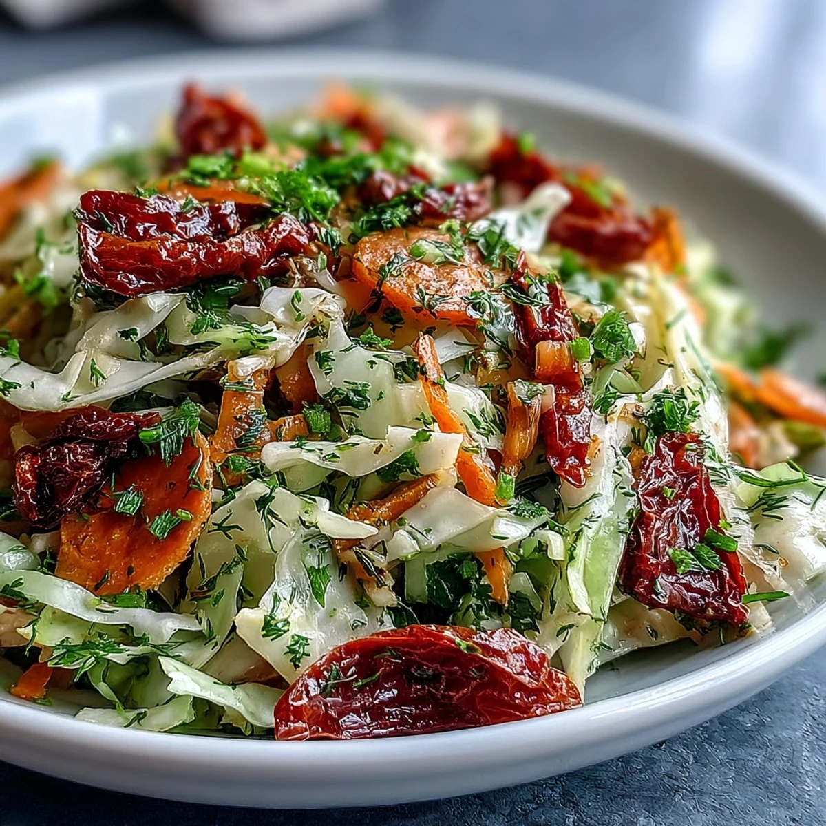 Freshly tossed Cabbage Salad With Sundried Tomatoes showcasing vibrant purple and green cabbage ribbons, bright bell pepper strips, and tangy tomato pieces coated in a glossy herby vinaigrette.