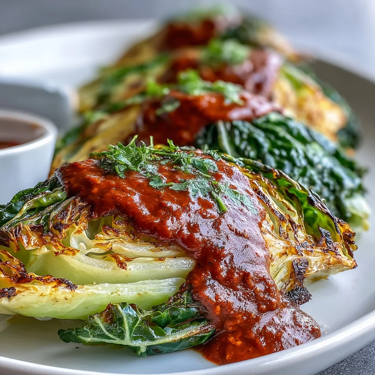 Hearty Baked Cabbage Salad With Winter Romesco features charred edges, toasted walnuts, and fresh parsley garnish for a cozy meal.