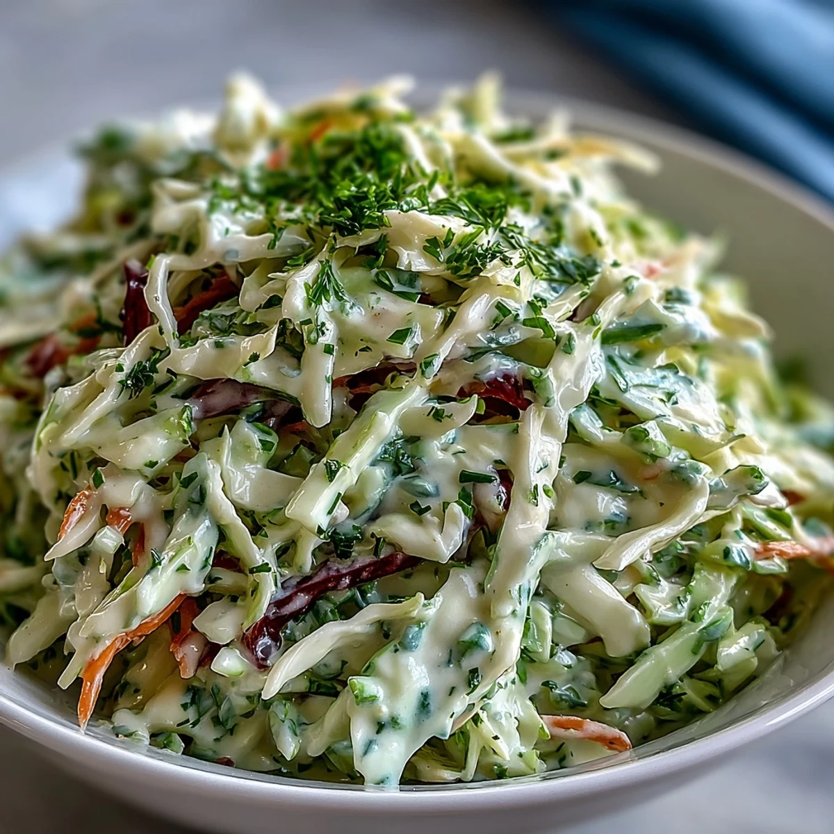 Freshly tossed Coleslaw With Creamy Dressing glistens with rich, tangy sauce coating crisp shredded cabbage and carrots in a serving bowl.