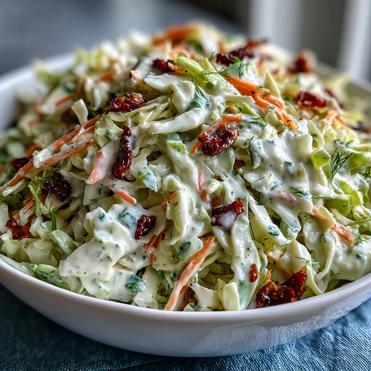 Crisp shredded cabbage and julienned carrots mixed with Coleslaw With Creamy Dressing, served chilled for a refreshing barbecue side dish.