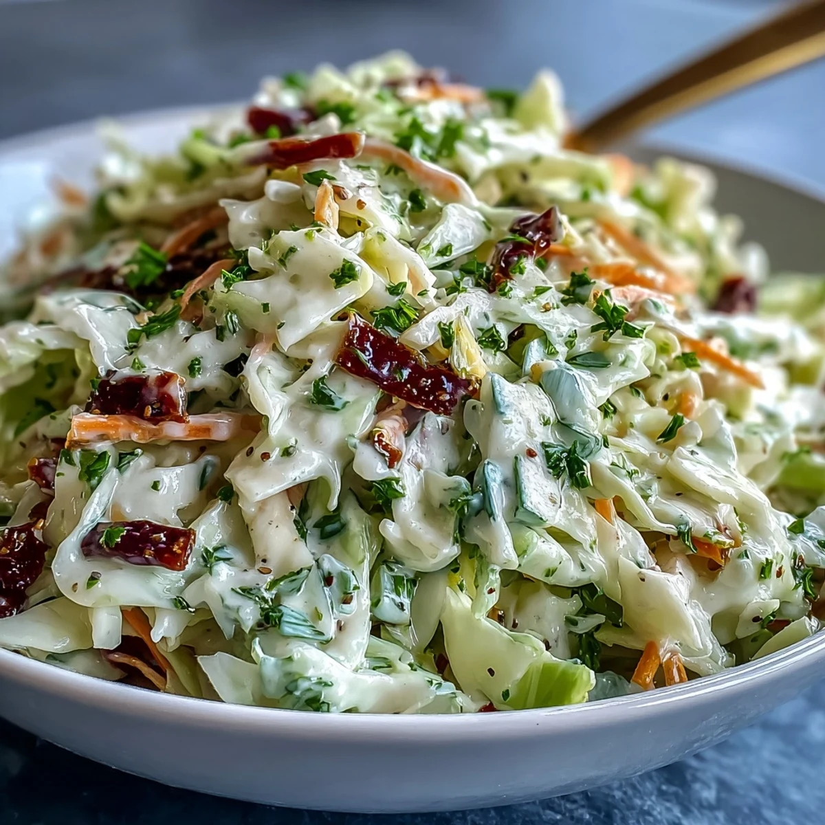 Vibrant green and red cabbage ribbons tossed in Coleslaw With Creamy Dressing, garnished with celery seed for a classic American side.