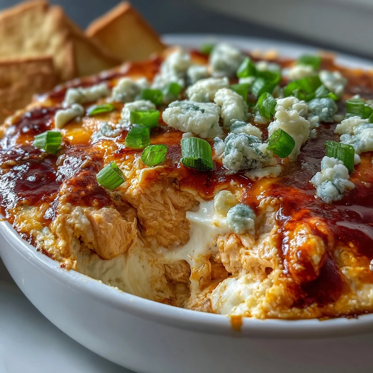 Golden bubbly Buffalo Chicken Dip garnished with fresh green onions, served with tortilla chips and celery sticks. 