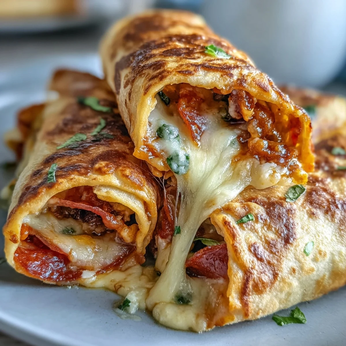 Freshly baked Tortilla Pizza Rolls with golden spirals, gooey mozzarella, and zesty pepperoni, served warm on a wooden board.