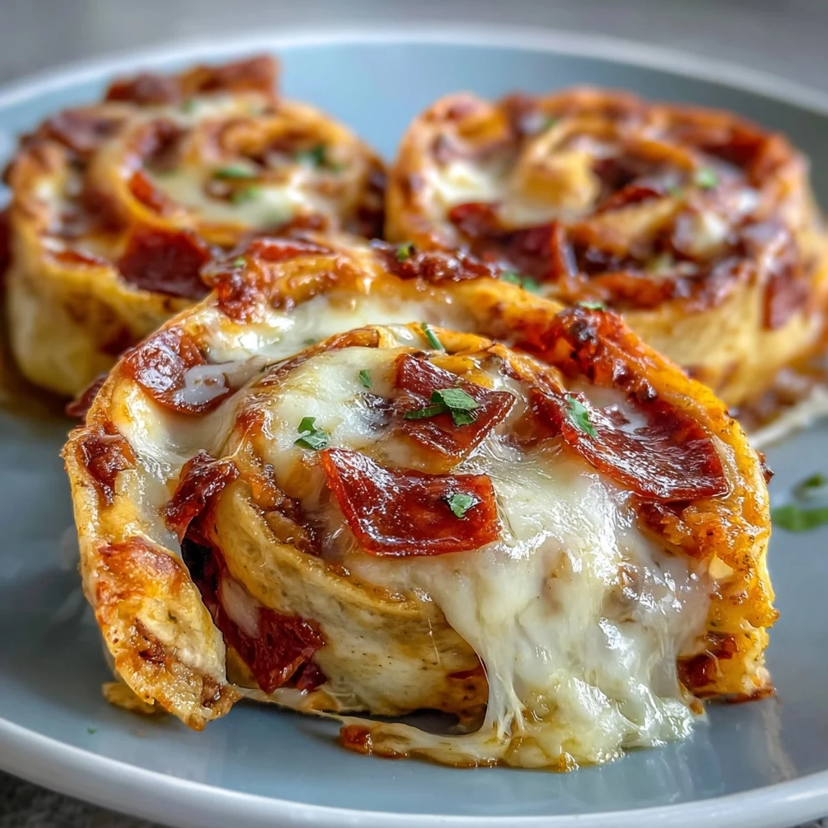 Spiral-cut Tortilla Pizza Rolls reveal melted mozzarella and pepperoni, plated alongside a small bowl of warm marinara for dipping.