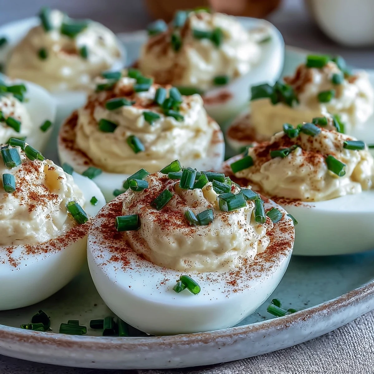 Two golden yolk-filled Million Dollar Deviled Eggs presented on a serving platter.