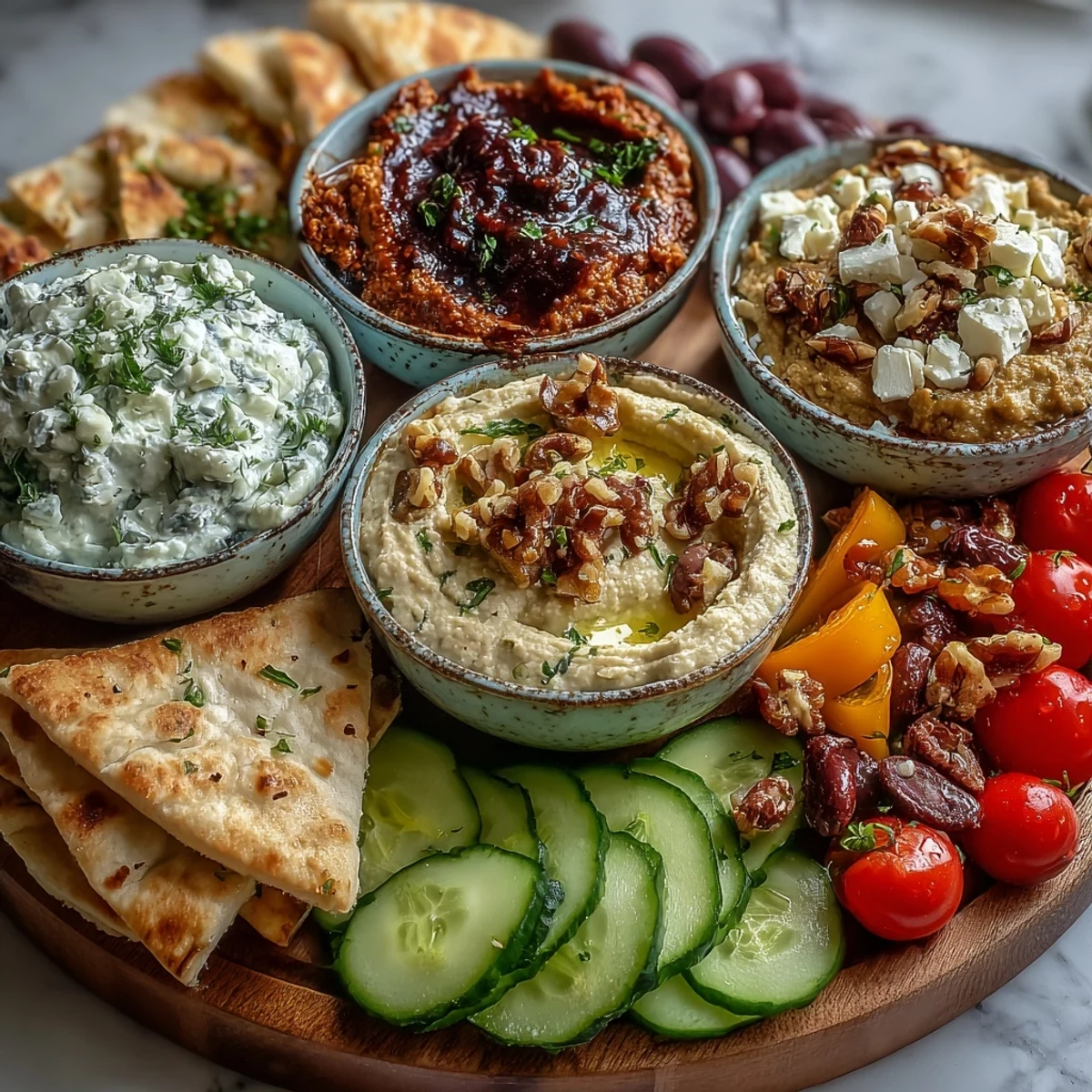 Colorful Mediterranean brunch board with hummus, baba ganoush, and tzatziki, surrounded by fresh cucumbers, tomatoes, feta, olives, and flatbreads.