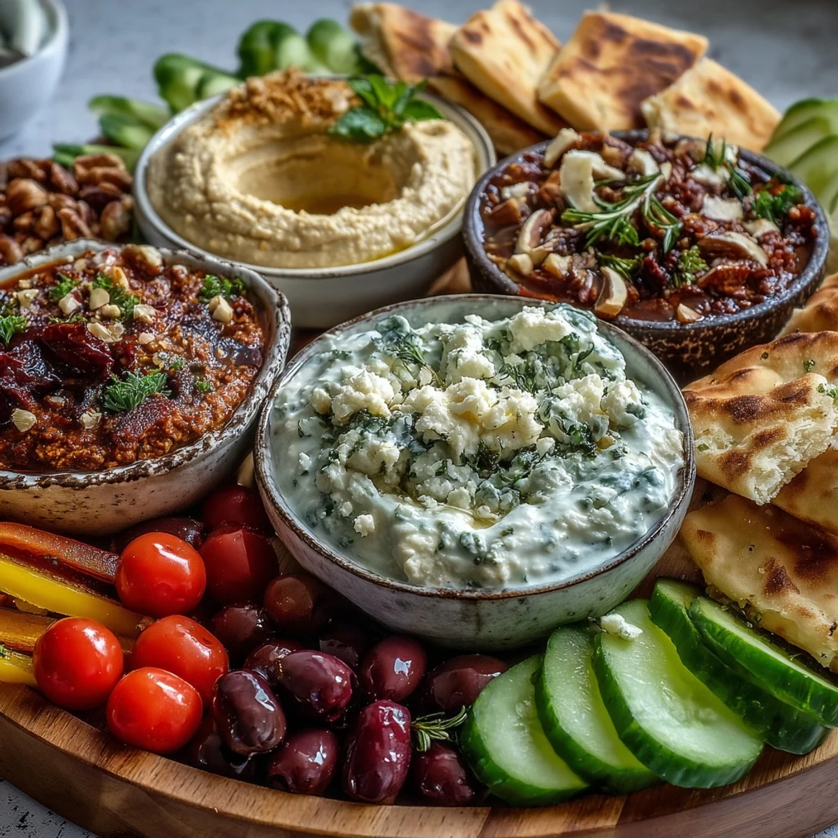 Appetizing Mediterranean brunch board with vibrant dips, crunchy nuts, sliced peppers, and fresh herbs drizzled with olive oil on a rustic platter.