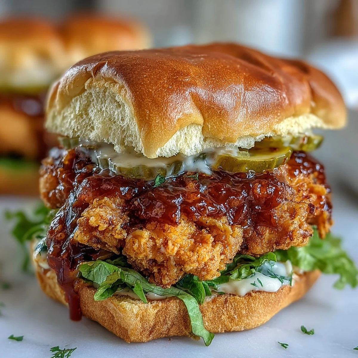 Golden brown, ultra-crispy fried chicken rests on a toasted brioche bun, drizzled with creamy homemade sauce and topped with pickles and lettuce.