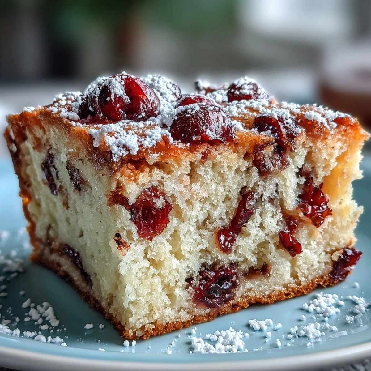 Moist slice of Cranberry Orange Breakfast Cake served warm on a plate, ideal for a bright brunch or breakfast.