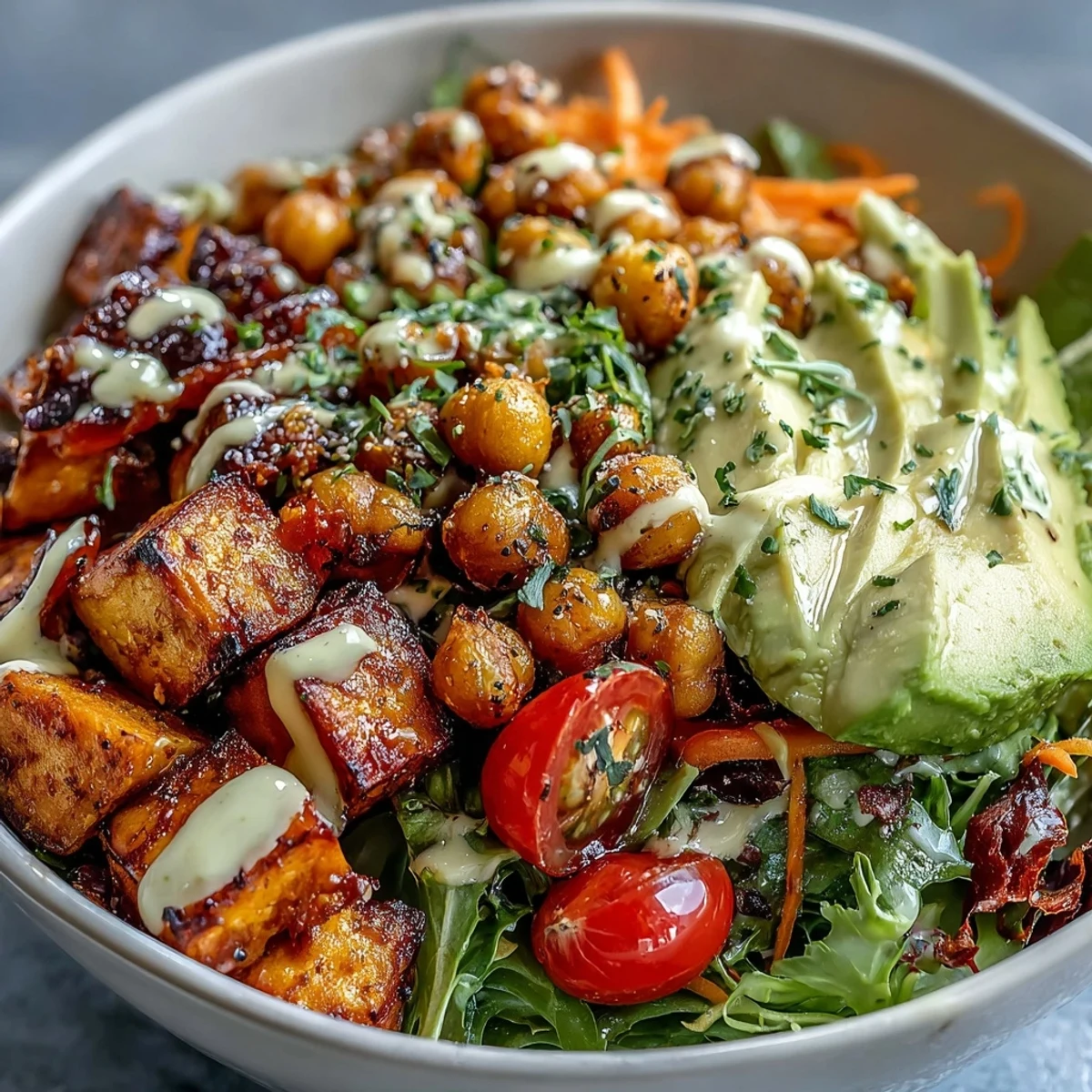 This nourishing vegan Breakfast Buddha Bowl features mixed greens, avocado, and a drizzle of tahini dressing on a white plate.