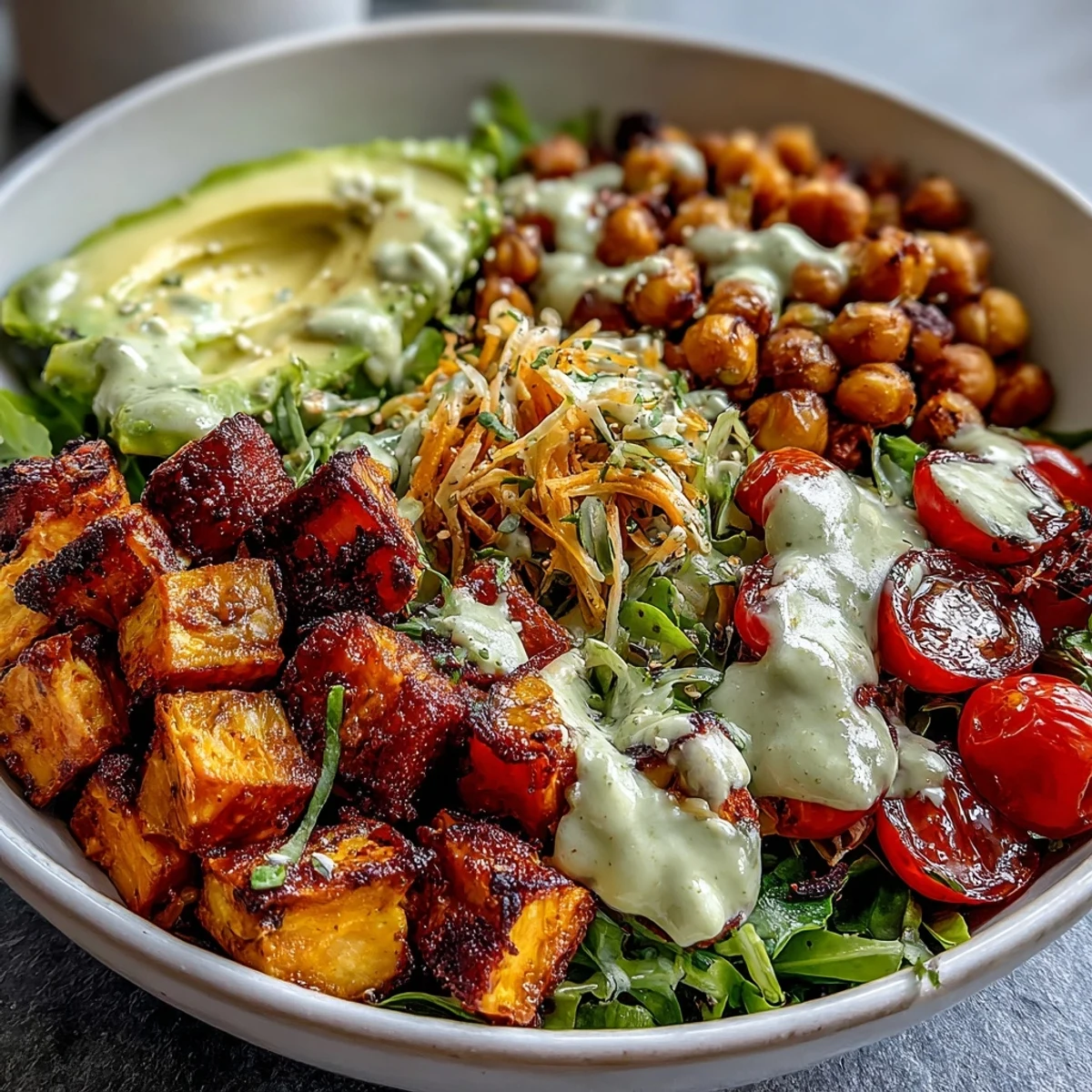 A vibrant Breakfast Buddha Bowl with roasted sweet potatoes, crispy chickpeas, and fresh vegetables topped with creamy tahini dressing.