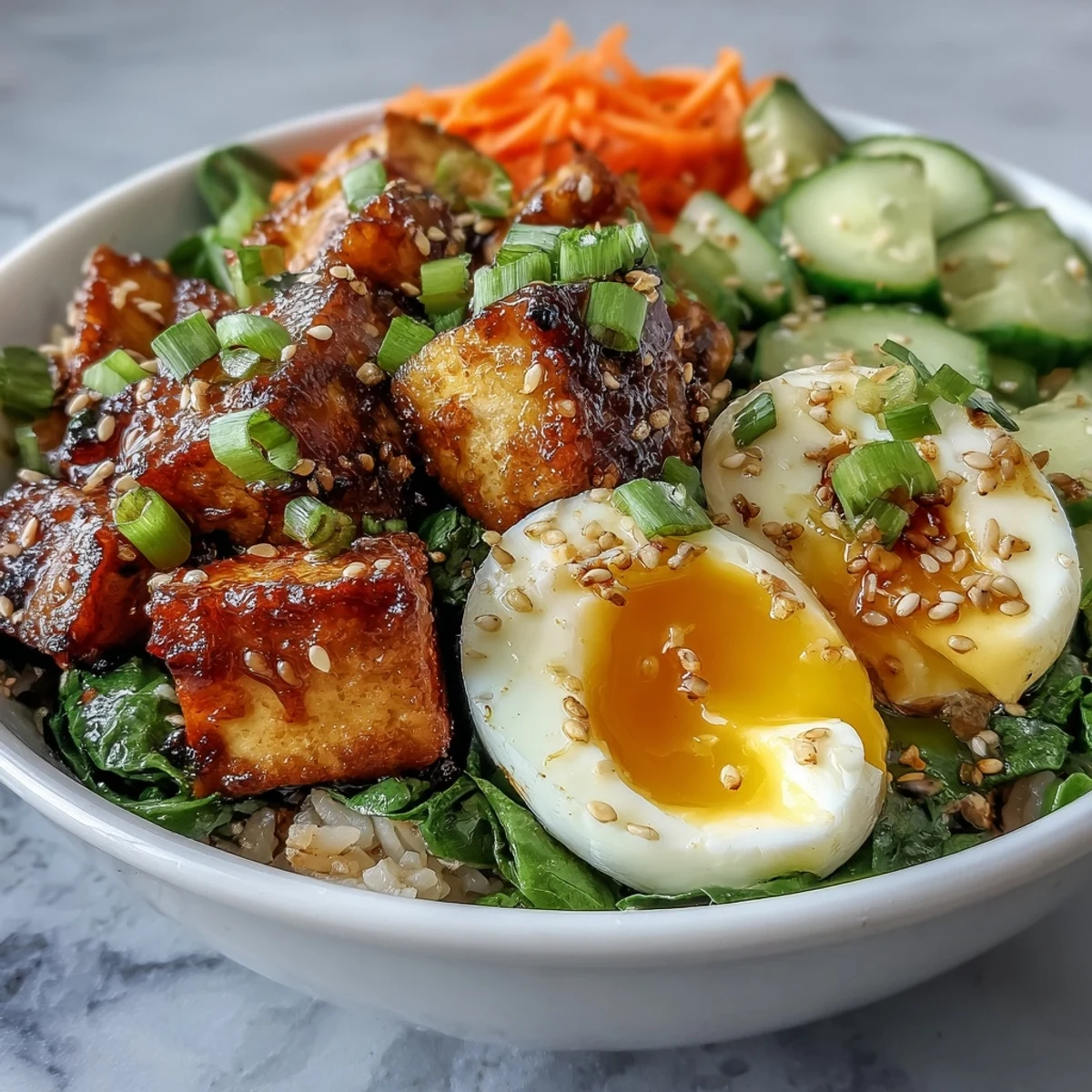 Warm bowl of Tofu Jammy Egg Breakfast Bowl with fluffy rice, sautéed tofu cubes, vibrant greens, and a halved jammy egg drizzled with ginger scallion sauce.
