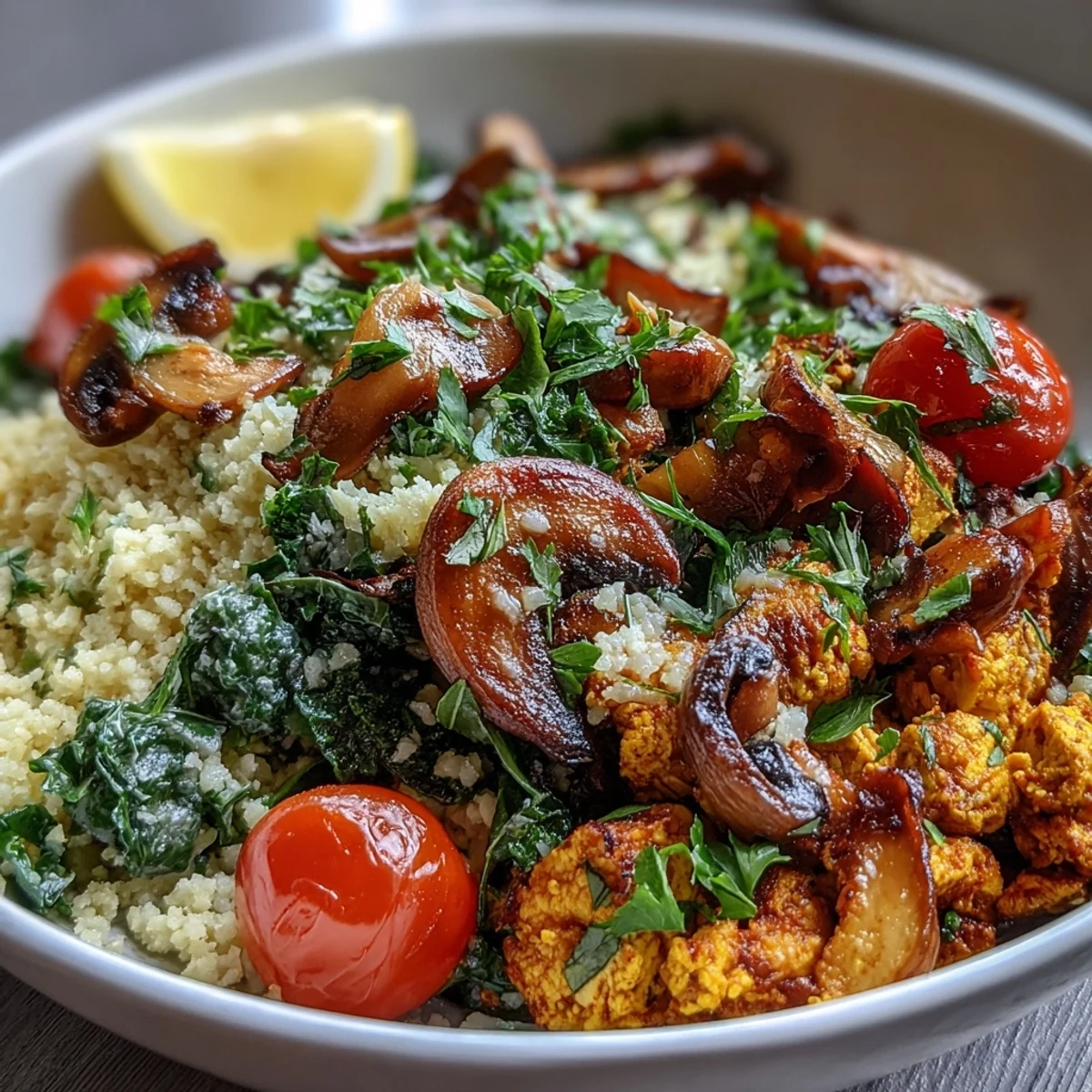 A vibrant scrambled tofu breakfast bowl with golden tofu, sautéed mushrooms, and kale over fluffy whole wheat couscous.