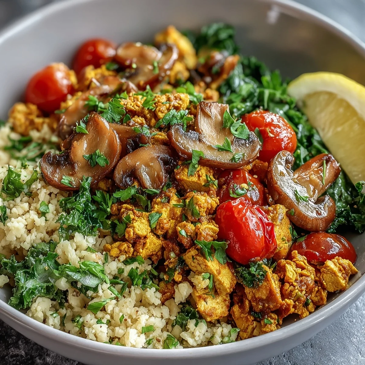 Hearty vegan breakfast bowl featuring seasoned scrambled tofu, sautéed mushrooms, and kale served over warm couscous.
