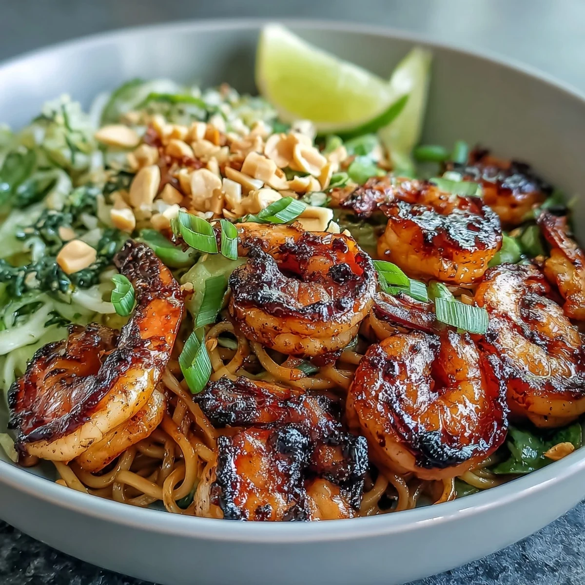Freshly grilled shrimp on a bed of sesame Asian noodle bowl with cucumber, avocado, and peanuts.