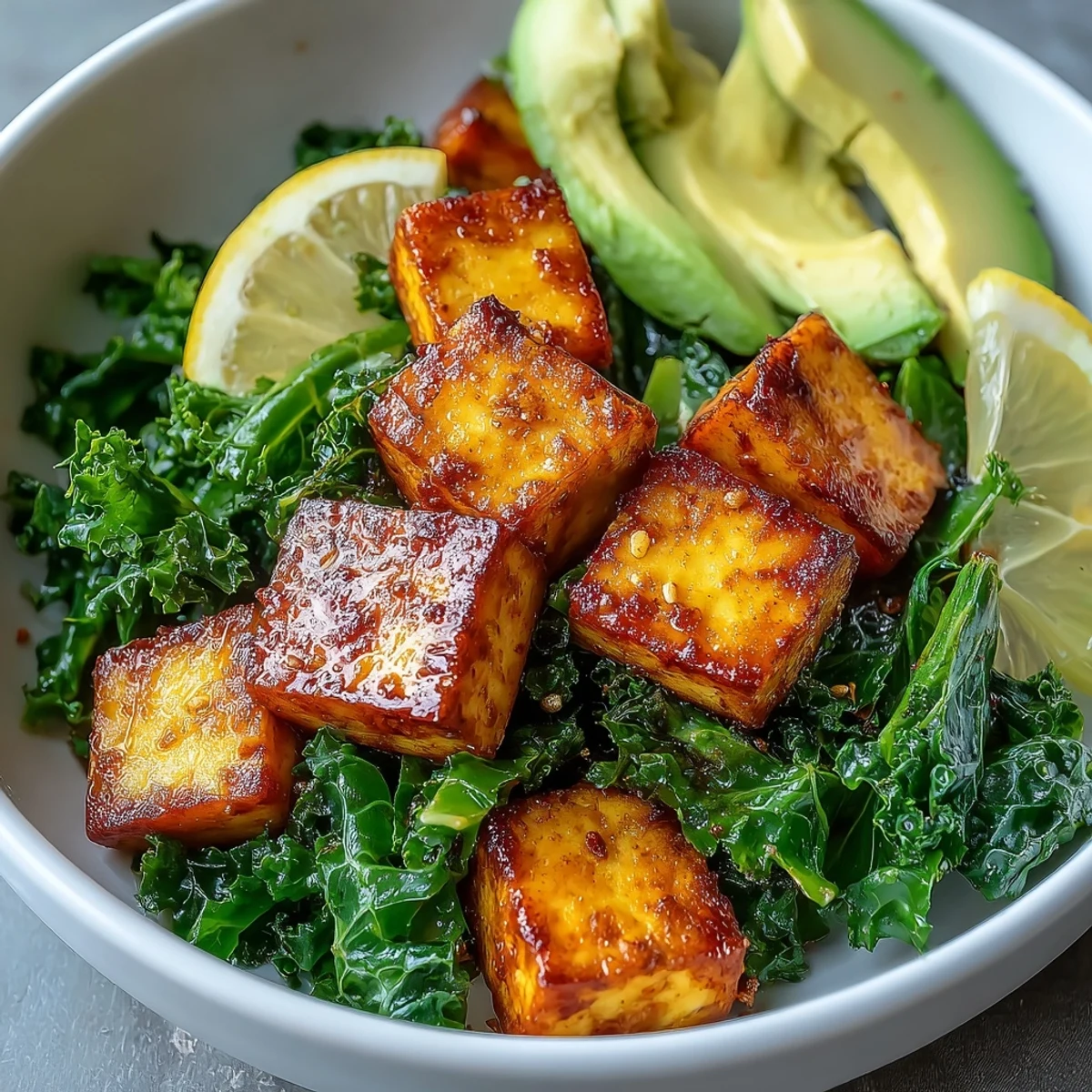 Golden, crispy tofu cubes sit atop sautéed green kale and creamy avocado slices in this vibrant Tofu Breakfast Bowl with Avocado and Kale.