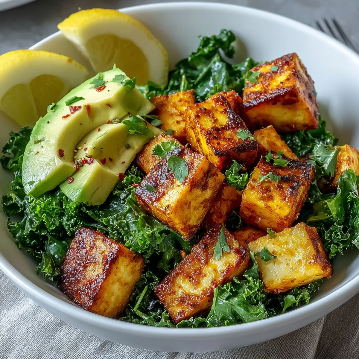 This nourishing Tofu Breakfast Bowl with Avocado and Kale is finished with a squeeze of lemon for a bright, vegan morning meal.