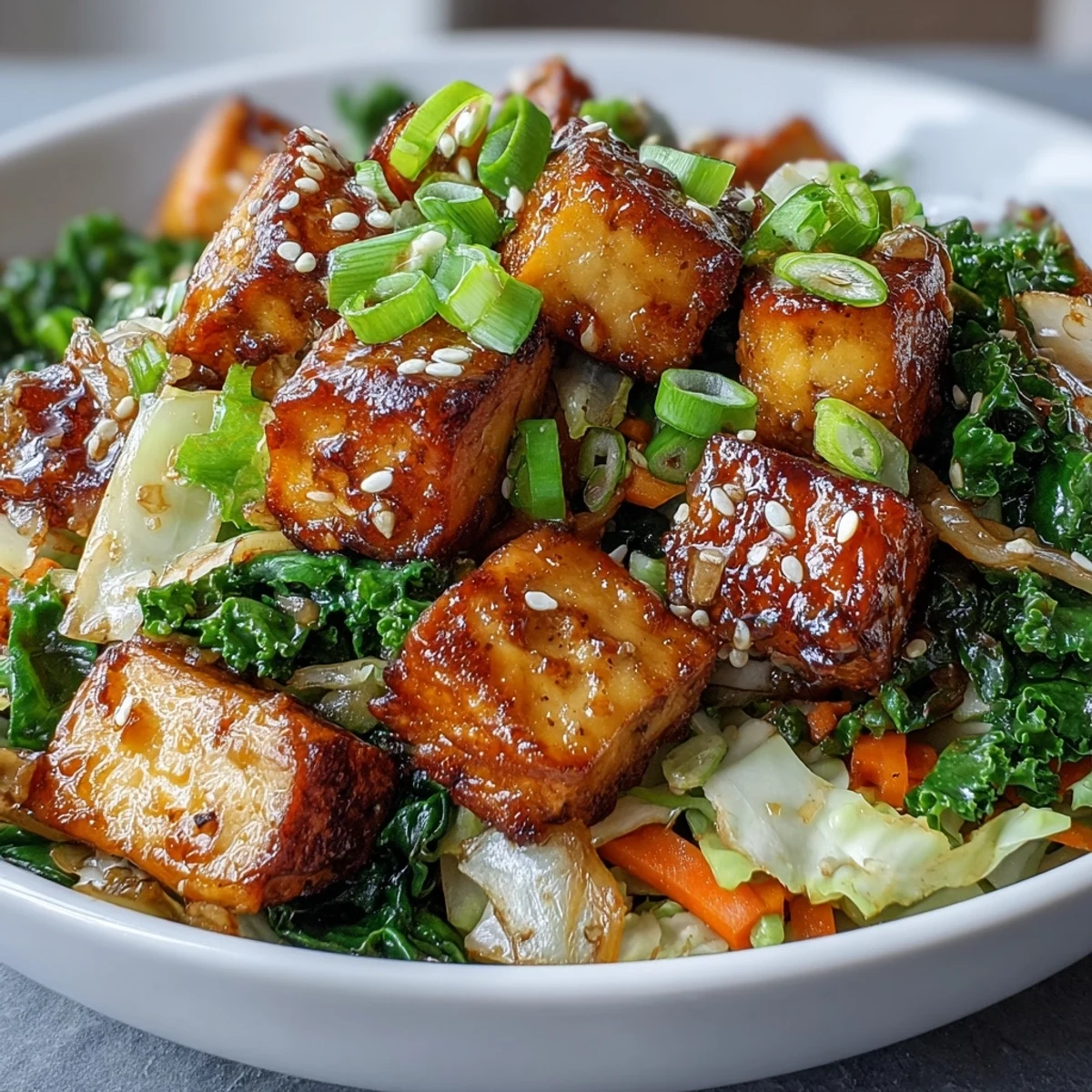 A vibrant bowl of Tofu Egg Roll in a Bowl with sautéed cabbage, kale, and carrots, served over steamed rice.  