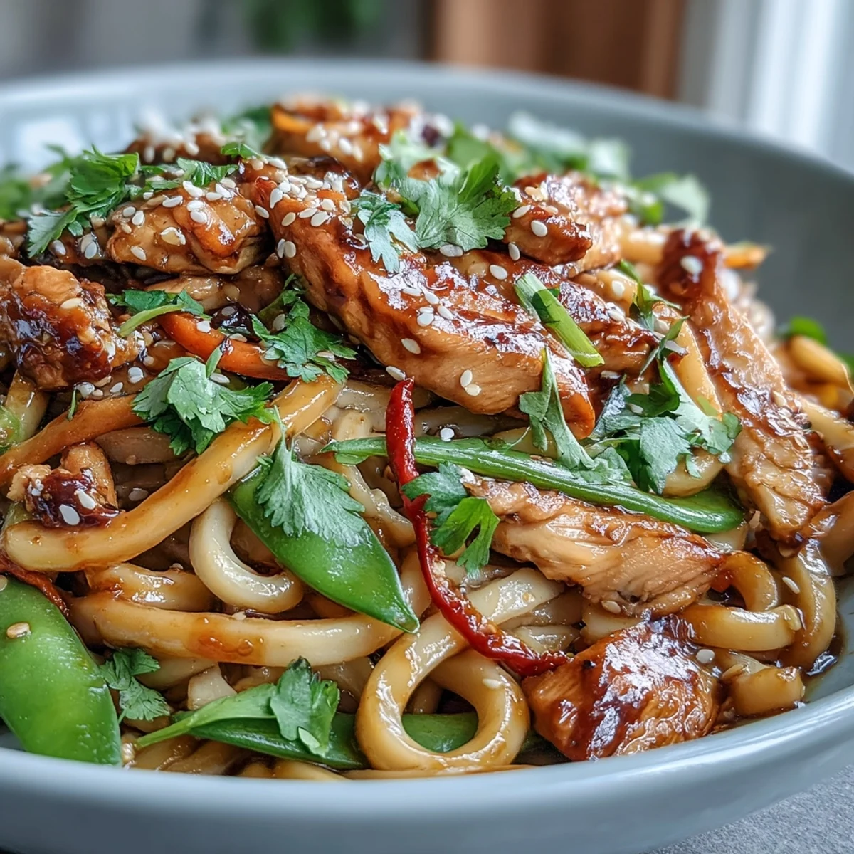 Tender chicken and crisp vegetables tossed with noodles in a glossy sesame sauce in a Sesame Chicken Noodle Bowl.