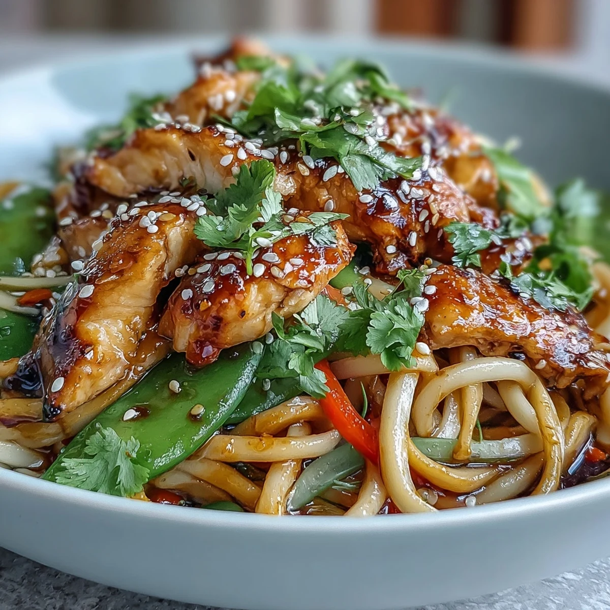 Steaming bowl of Sesame Chicken Noodle Bowl with colorful carrots and snap peas, perfect for a quick weeknight dinner.