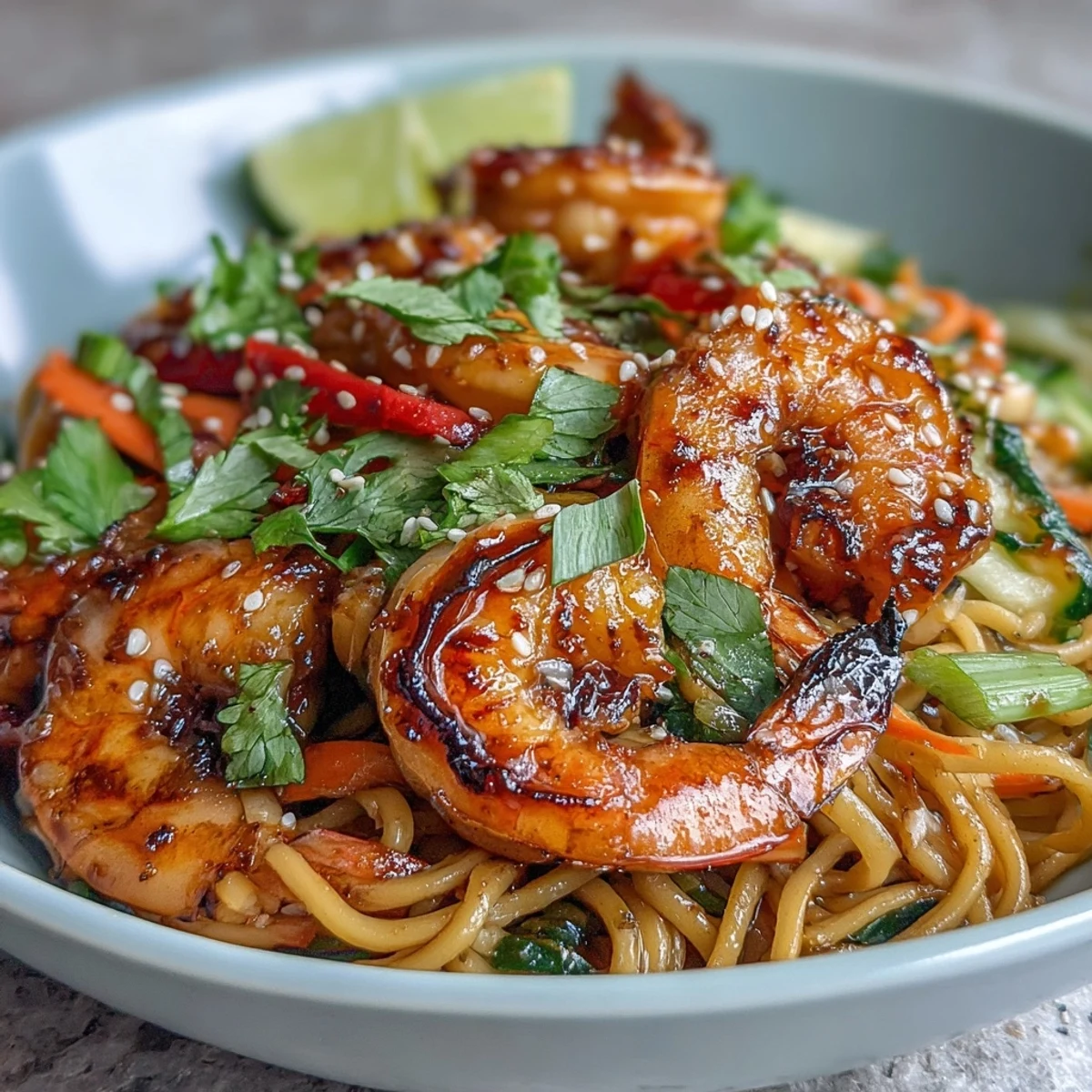 A close-up of 15-Minute Asian Noodle Bowl With Grilled Shrimp, featuring plump pink shrimp nestled in glossy sesame noodles with fresh julienned veggies.  