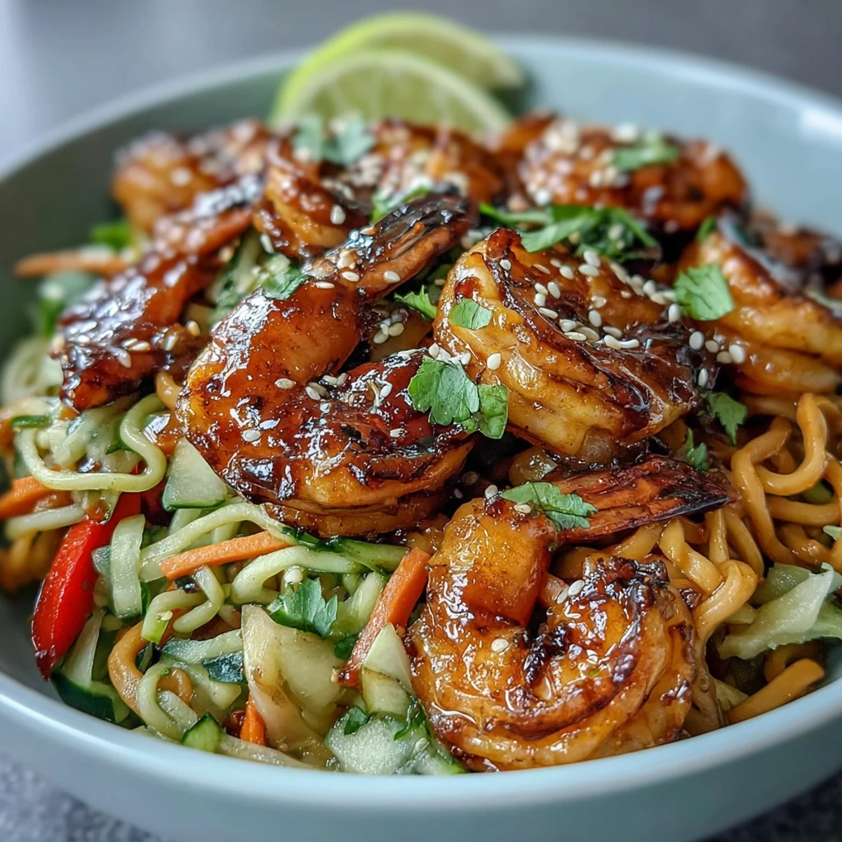 Colorful 15-Minute Asian Noodle Bowl With Grilled Shrimp topped with cucumber, carrots, and cilantro, served with a lime wedge for bright flavor.  