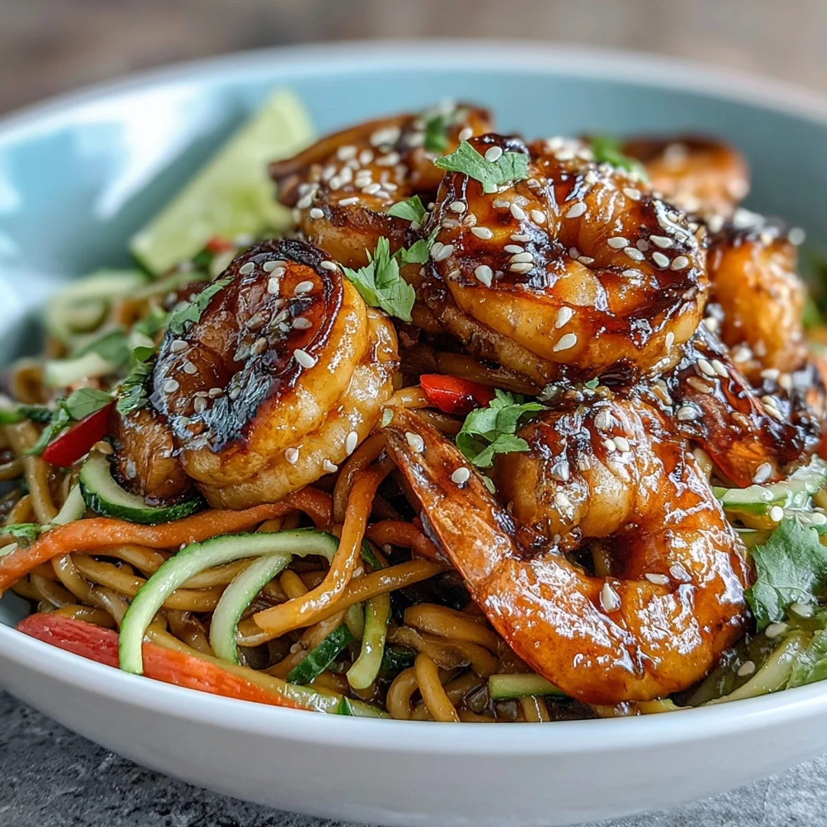 Vibrant serving of 15-Minute Asian Noodle Bowl With Grilled Shrimp, a quick weeknight dinner with grilled shrimp, sesame sauce, and crisp vegetables.