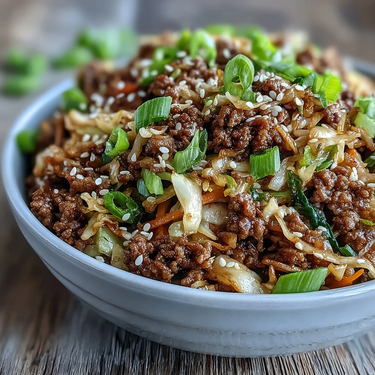 Sizzling ground pork cooks with garlic, ginger, and cabbage slaw for a savory Egg Roll in a Bowl, topped with green onions and sesame seeds.