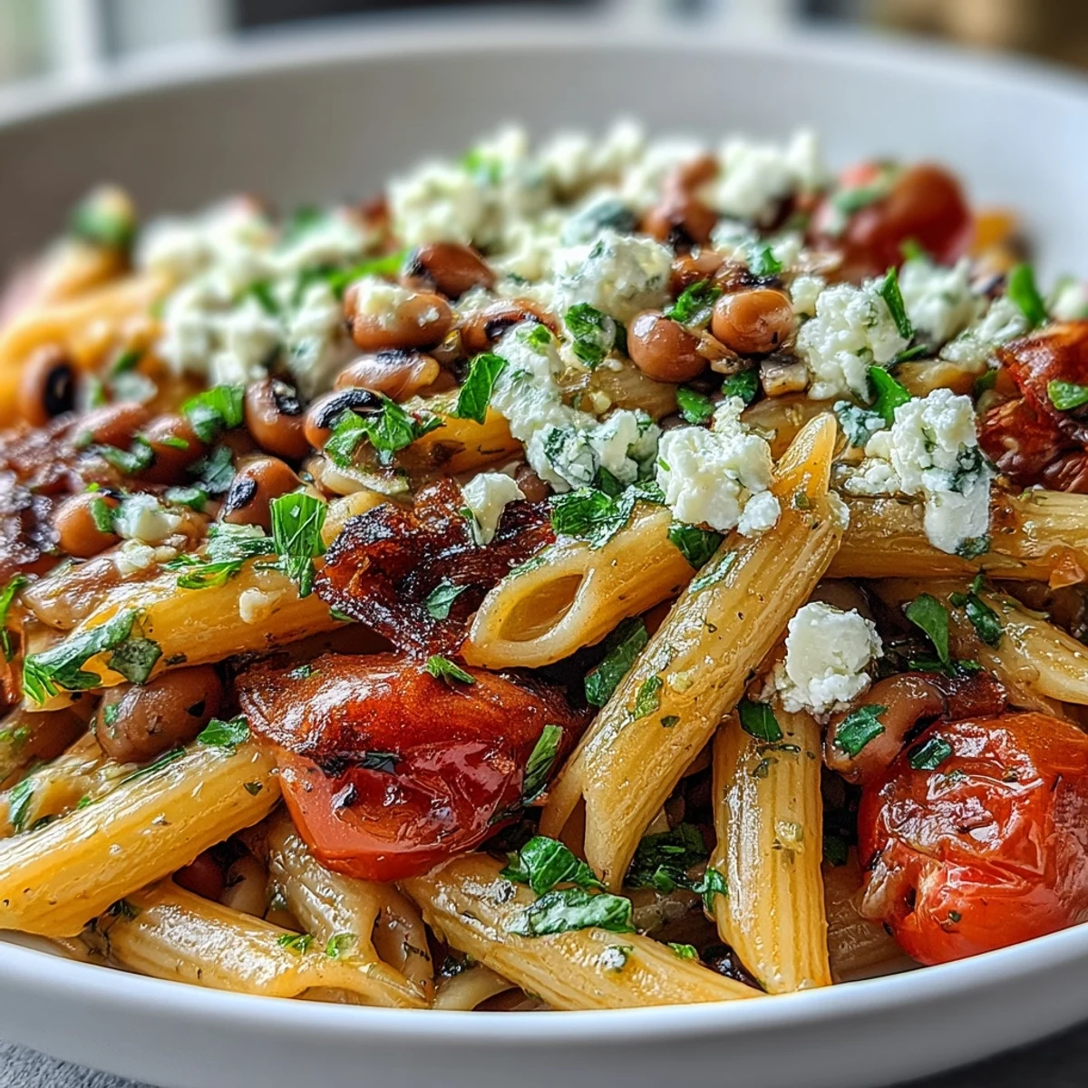Black-Eyed Pea Pasta tossed in garlic olive oil with fresh herbs and lemon zest.