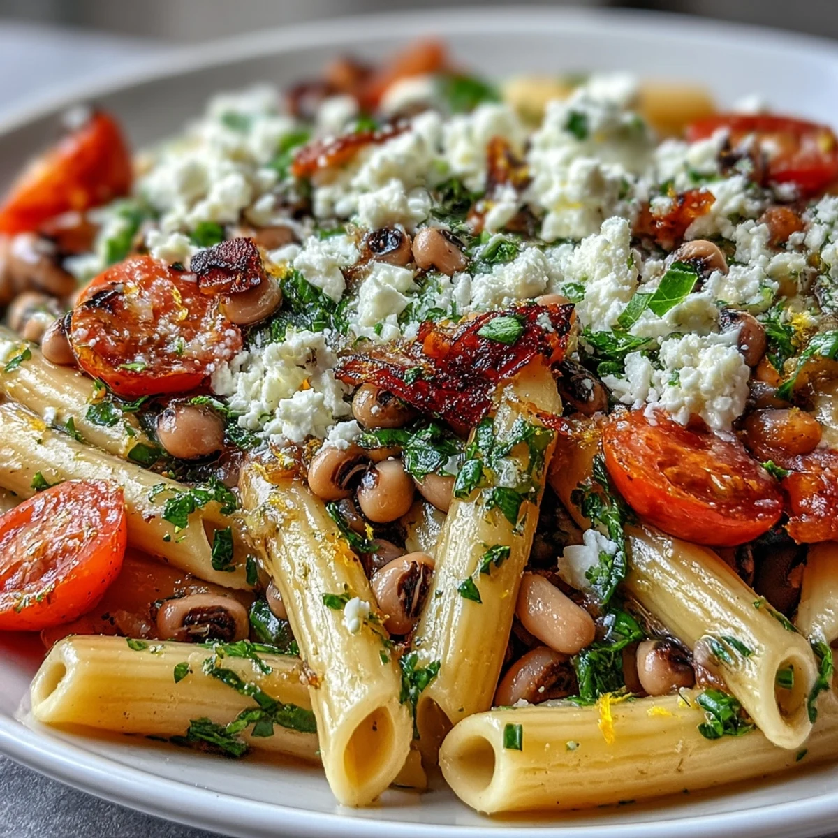 Warm Black-Eyed Pea Pasta with sautéed cherry tomatoes, spinach, and crumbled feta.