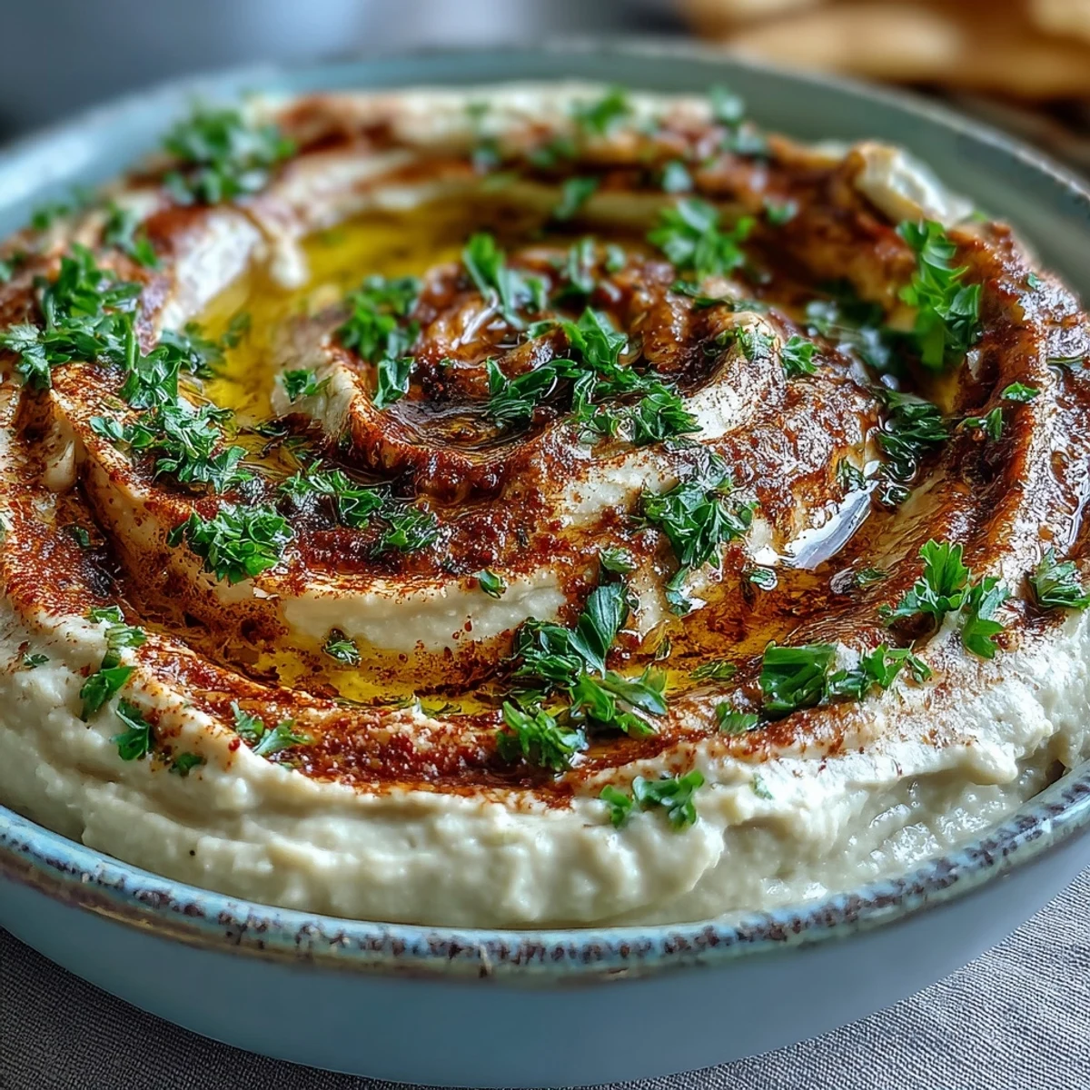 Creamy Black-Eyed Pea Hummus topped with olive oil, smoked paprika, and fresh parsley served with crisp veggies and warm pita.