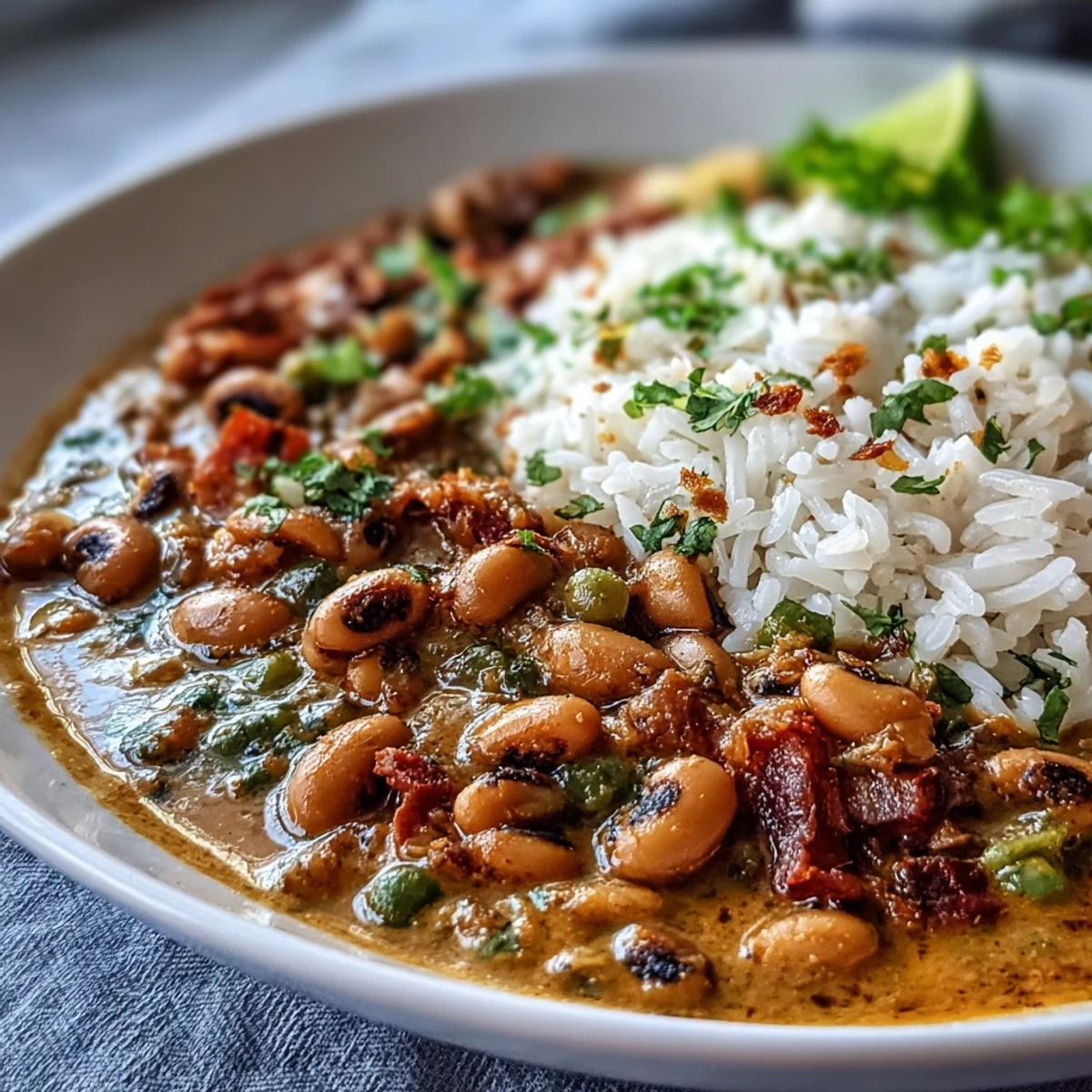 A warm bowl of Black-Eyed Pea Curry garnished with fresh cilantro, served next to fluffy basmati rice and a lime wedge. 