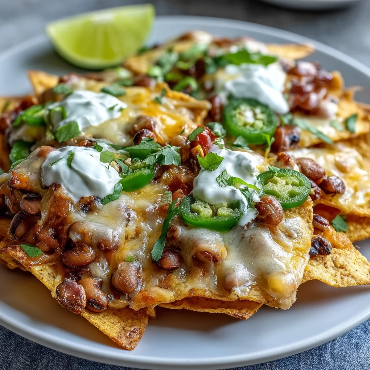 Golden, melted cheddar blankets crispy tortilla chips, hearty black-eyed peas, and spicy jalapeño slices on a platter, ready to serve.