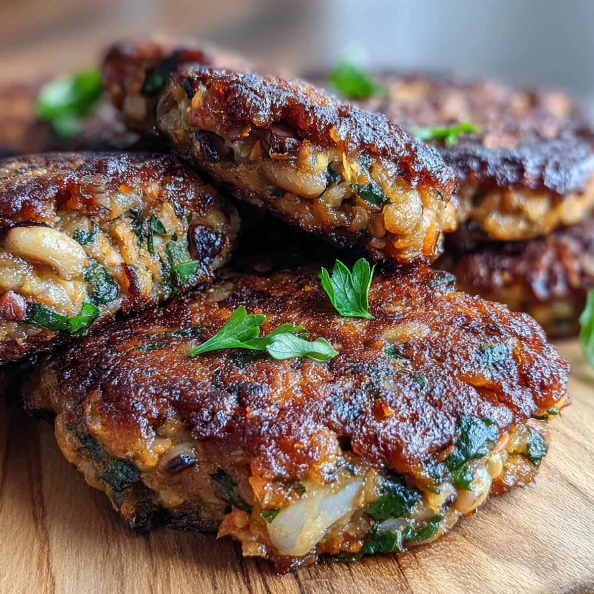 Close-up view of a juicy Black-Eyed Pea Burger Patty on a toasted bun, garnished with fresh parsley and vegan mayo.