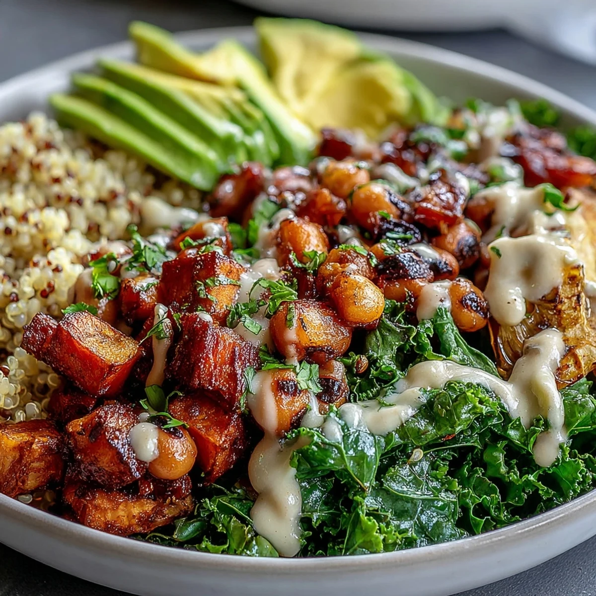 A vibrant Black-Eyed Pea Buddha Bowl filled with roasted sweet potatoes, red bell peppers, and creamy avocado over quinoa, drizzled with tahini dressing.